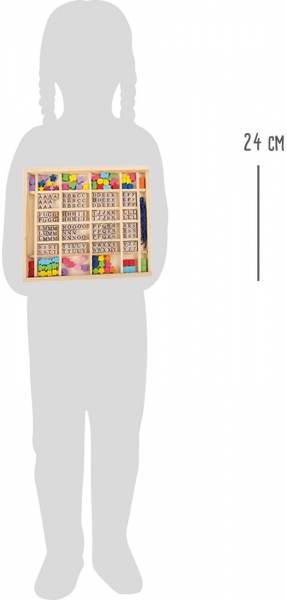Buchstabenwürfel aus Holz Fädelperlen im Kasten „ABC“ 